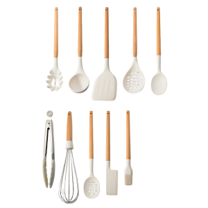 Lornite 10-Piece Beechwood & Silicone Kitchen Utensil Set – Milky White Non-Stick Cooking Tools with Nylon Core